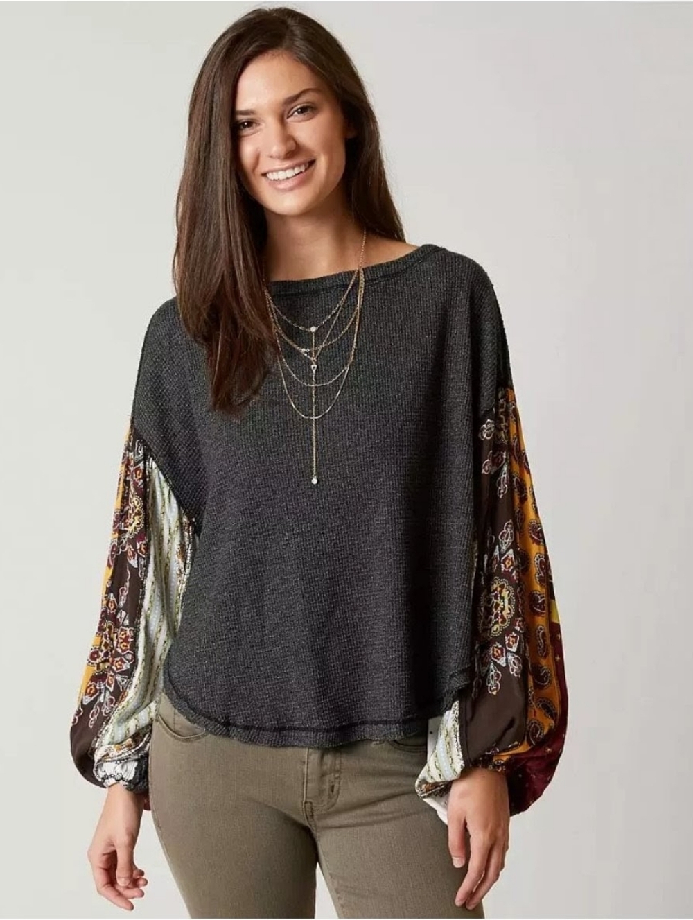 Free People Blossom Thermal Top Size Small Balloon Sleeve Oversized High Low Hem